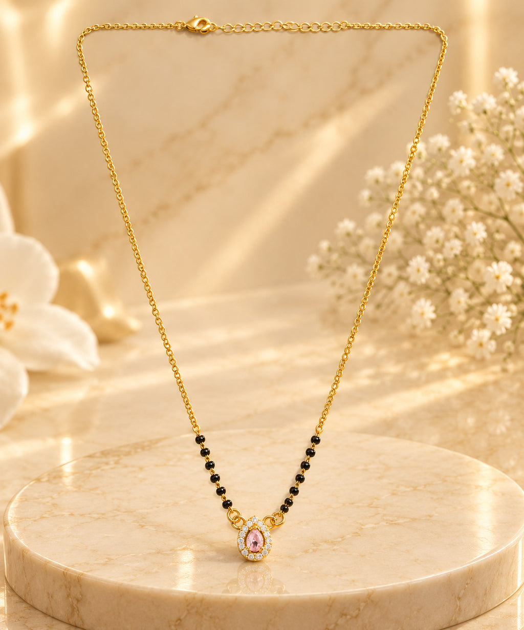 Gold-Tone Black Bead Pink Stone Pendant Mangalsutra Necklace for Women