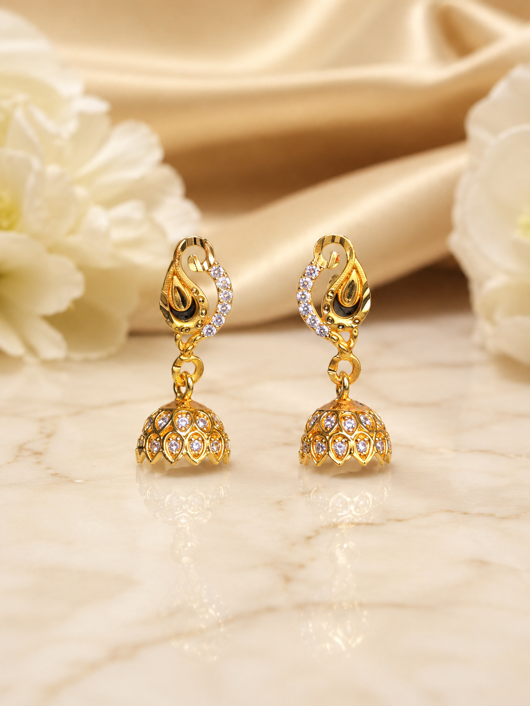 Elegant Gold Plated American Diamond Peacock Design Jhumka Earrings for Women