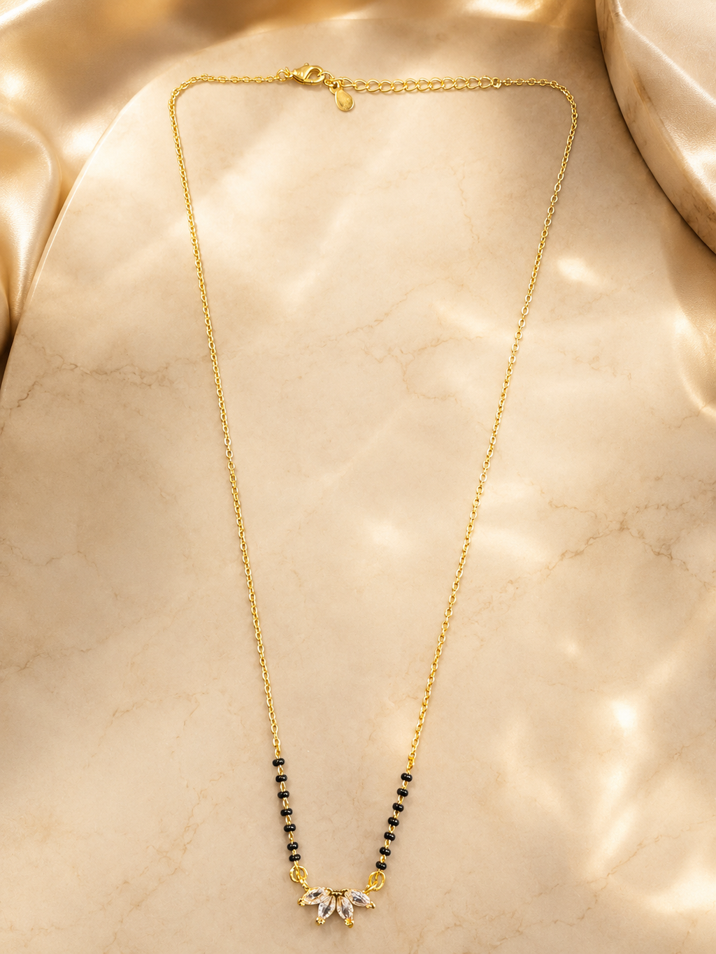 Elegant Gold-Plated CZ Floral Mangalsutra for Women | Minimal Black Bead Chain Necklace | Traditional Daily Wear Jewellery