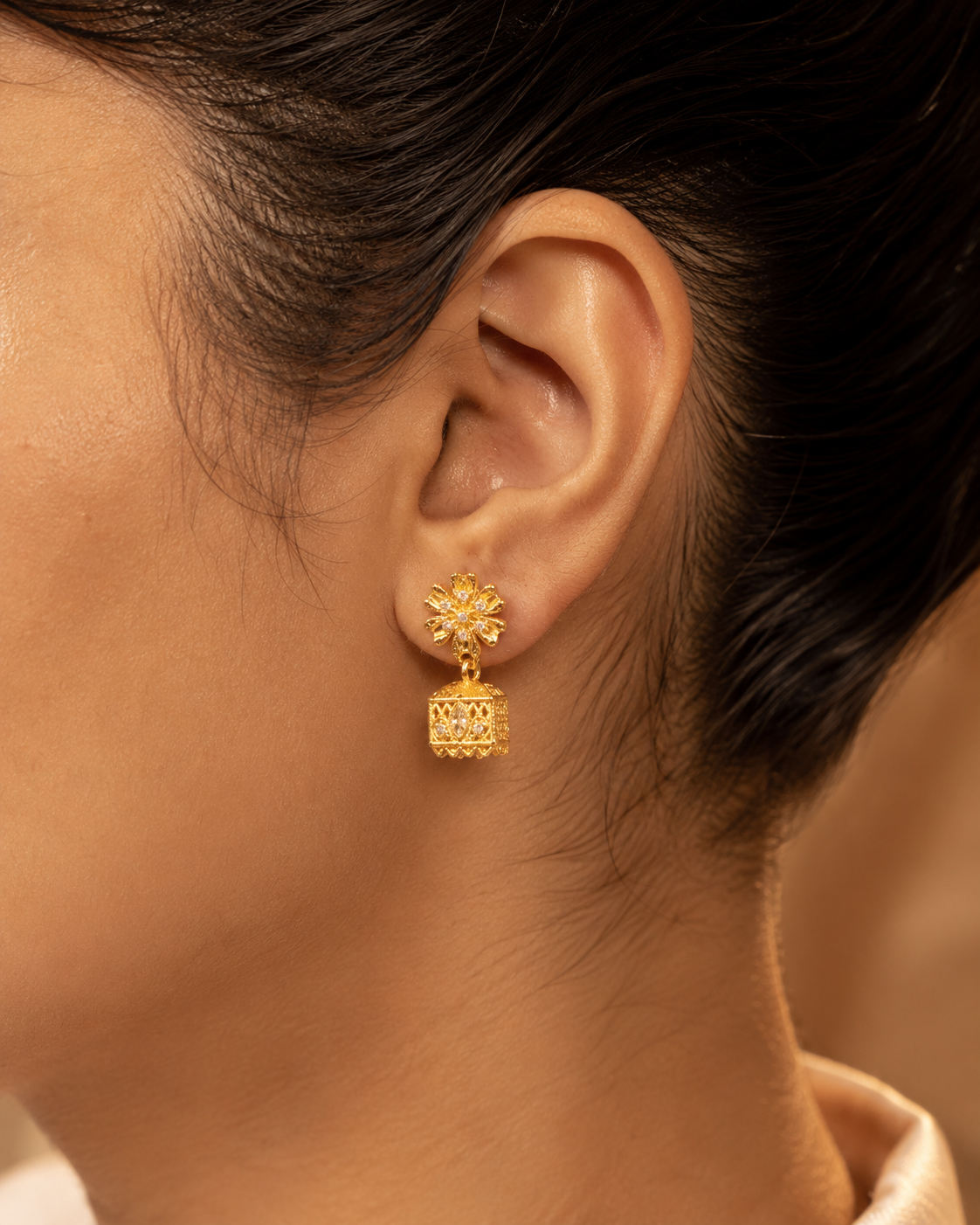 Gold-Tone Floral Stone Studded Square Jhumka Earrings for Women