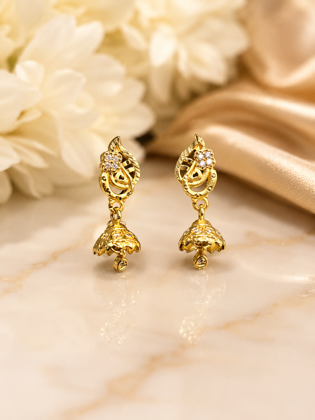 Floral Leaf Design Gold-Plated Mini Jhumka Earrings