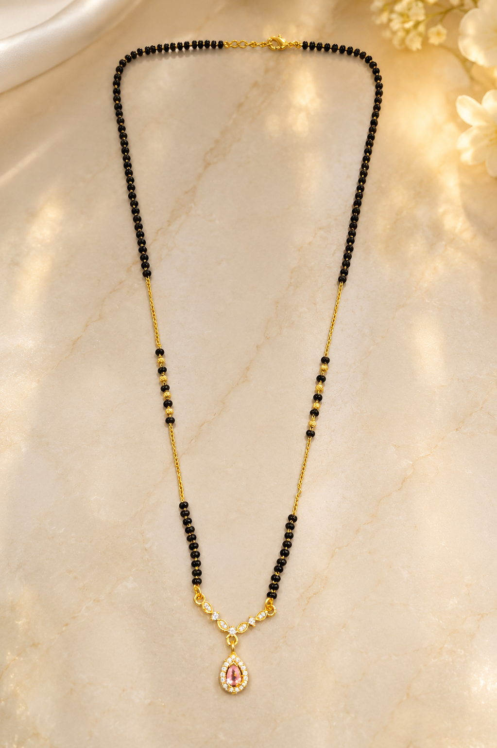 Gold-Plated Minimalist Bar Design Mangalsutra for Women | CZ Stone Black Bead Chain Necklace | Elegant Daily Wear Traditional Jewellery