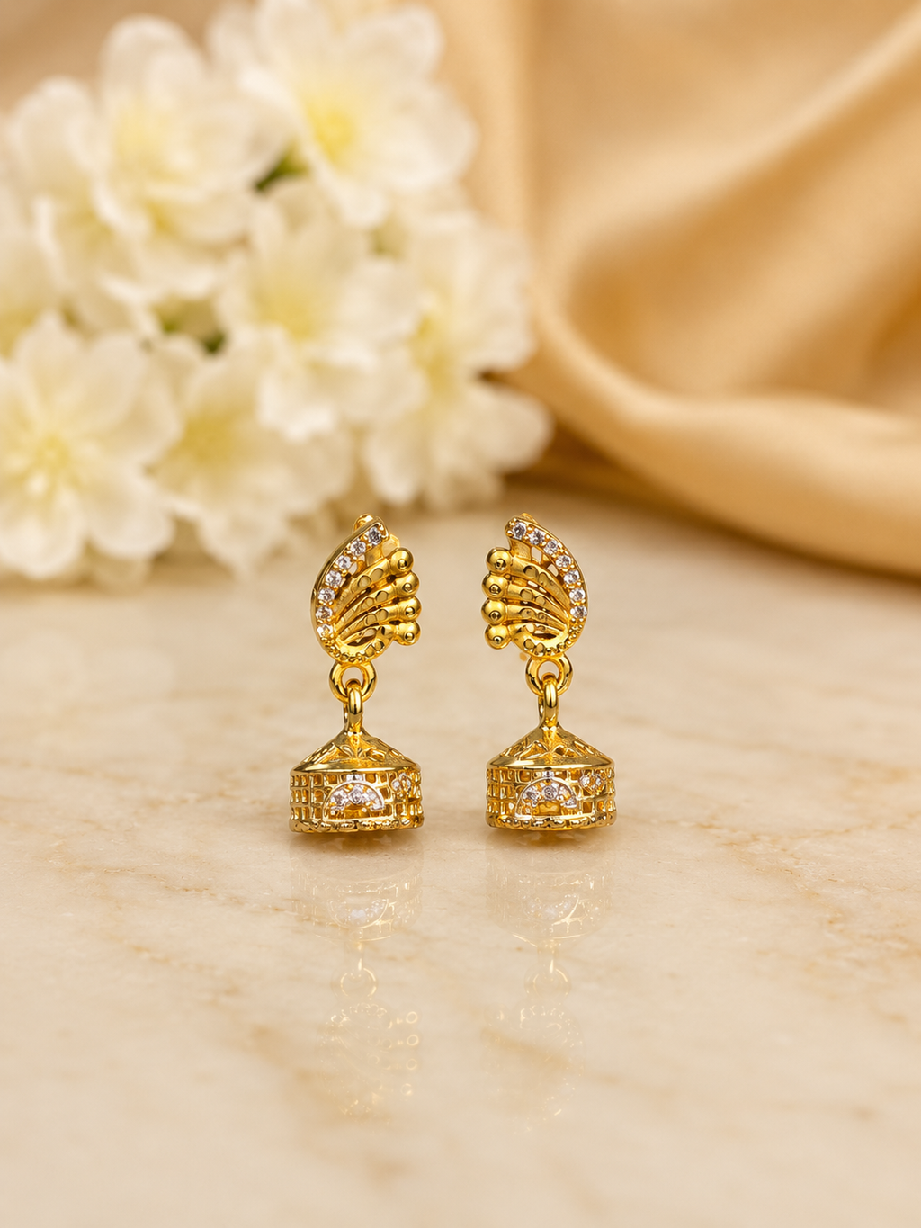 Royal Fan Crystal Gold-Tone Bell Jhumka Earrings