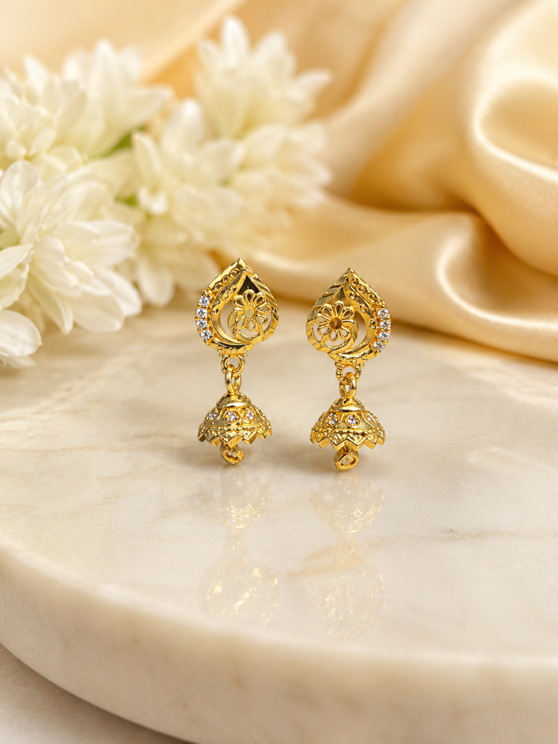 Golden Floral Teardrop Mini Jhumka Earrings with Crystal Detailing