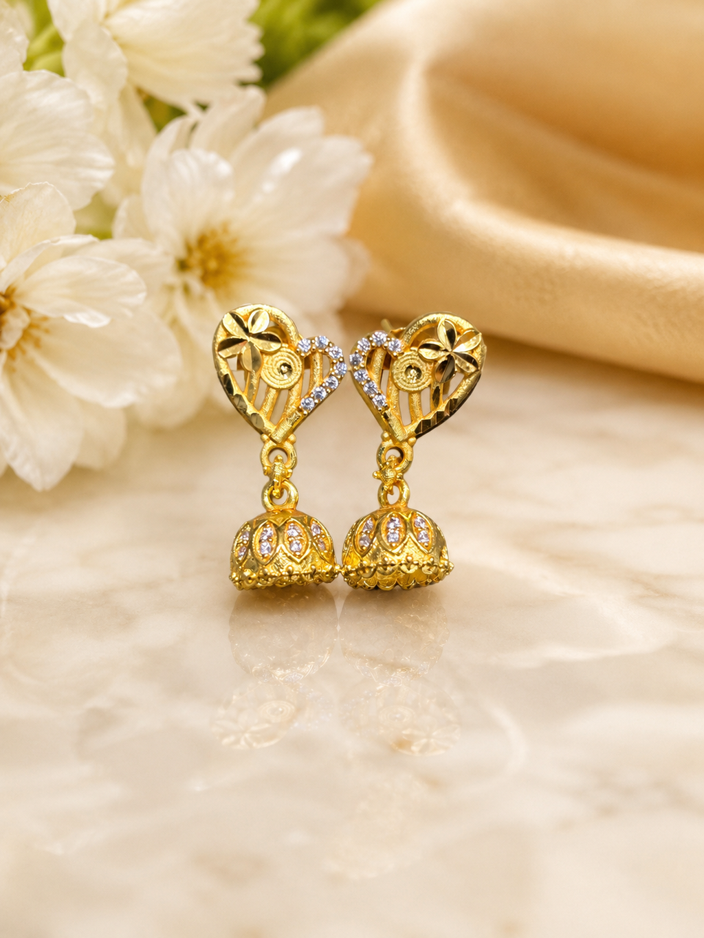 Floral Heart Gold-Tone Crystal Jhumka Earrings