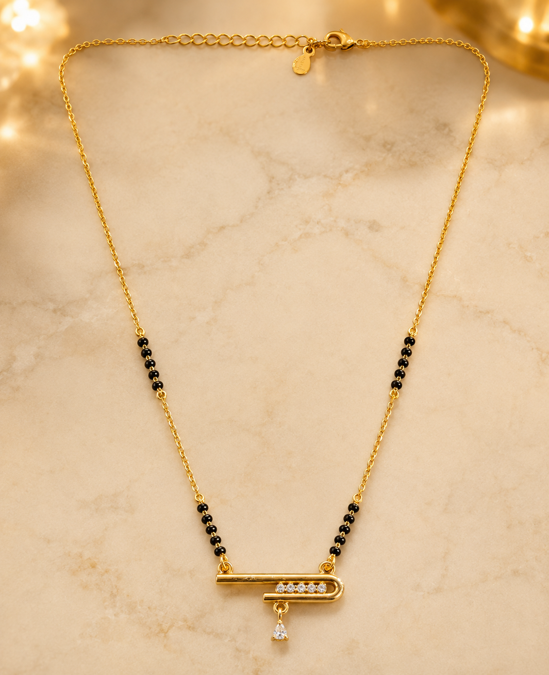 Gold-Plated Minimalist Bar Design Mangalsutra for Women | CZ Stone Black Bead Chain Necklace | Elegant Daily Wear Traditional Jewellery