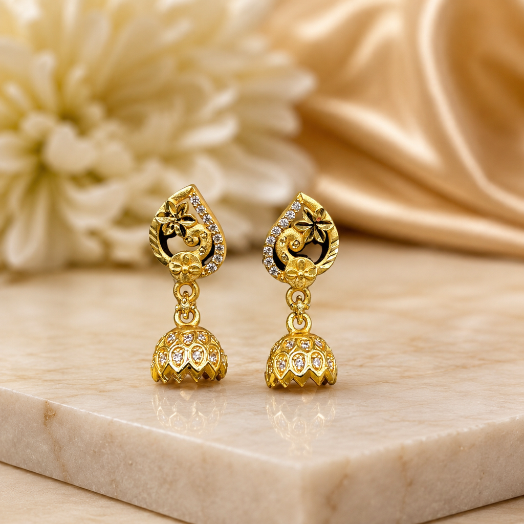 Floral Peacock Crystal Gold-Tone Jhumka Earrings