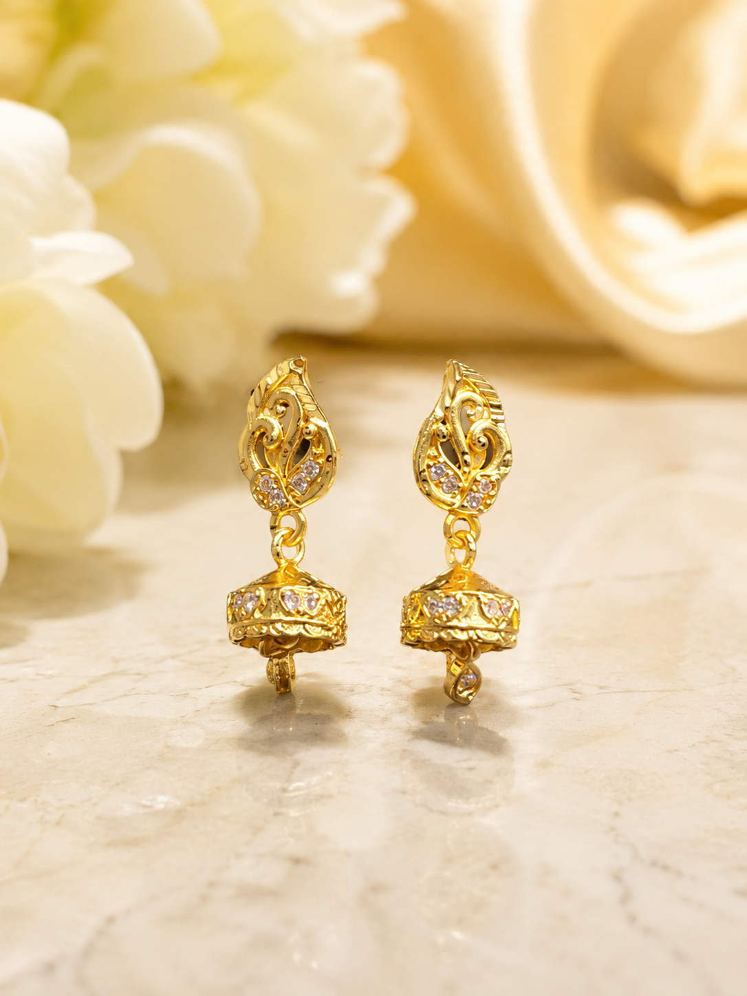 Golden Peacock Leaf Design CZ Stone Jhumka Earrings for Women