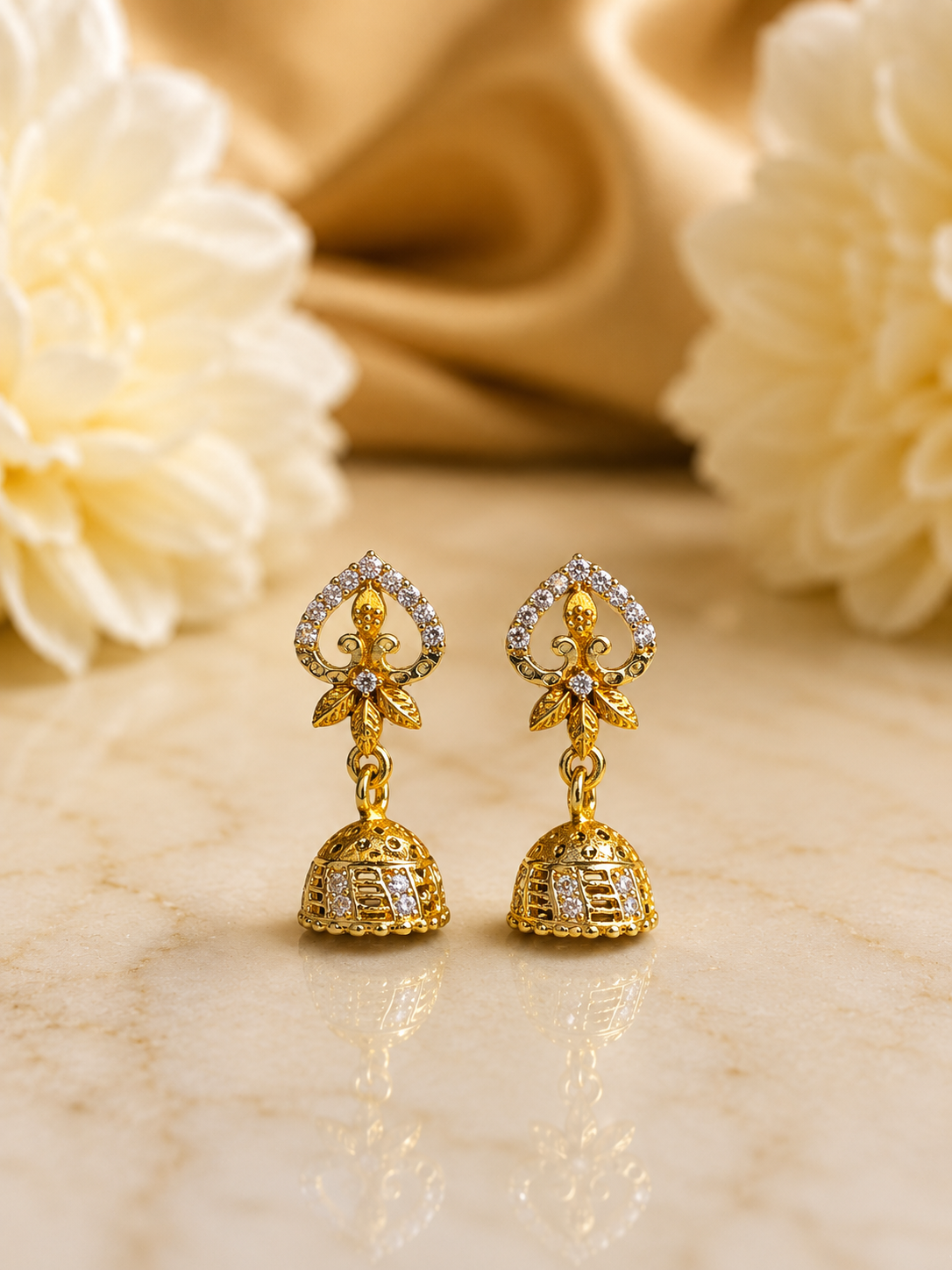 Gold-Plated Royal Leaf AD Stone Jhumka Earrings for Women