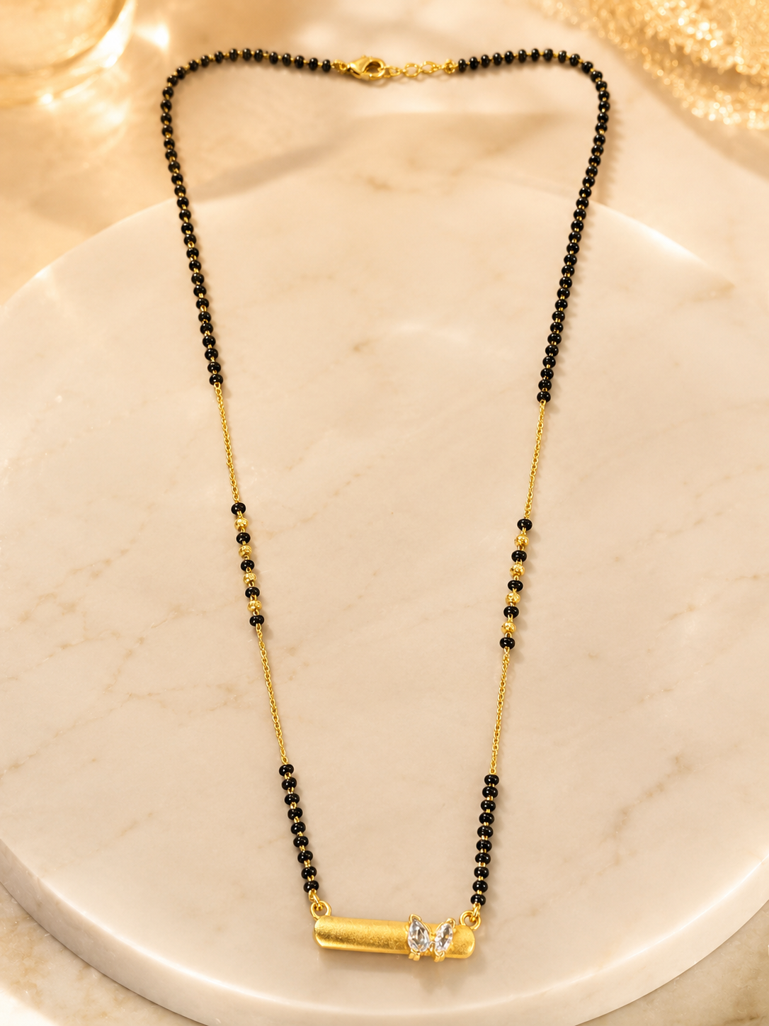 Elegant Gold-Plated Butterfly Bar Mangalsutra for Women | Minimal Black Bead Chain Necklace | Traditional Daily Wear Jewellery