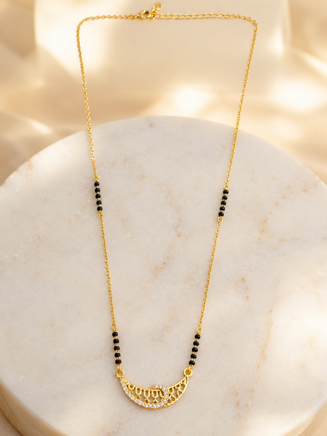 Elegant Gold-Plated CZ Half Moon Mangalsutra for Women | Minimal Black Bead Chain | Traditional & Daily Wear Necklace