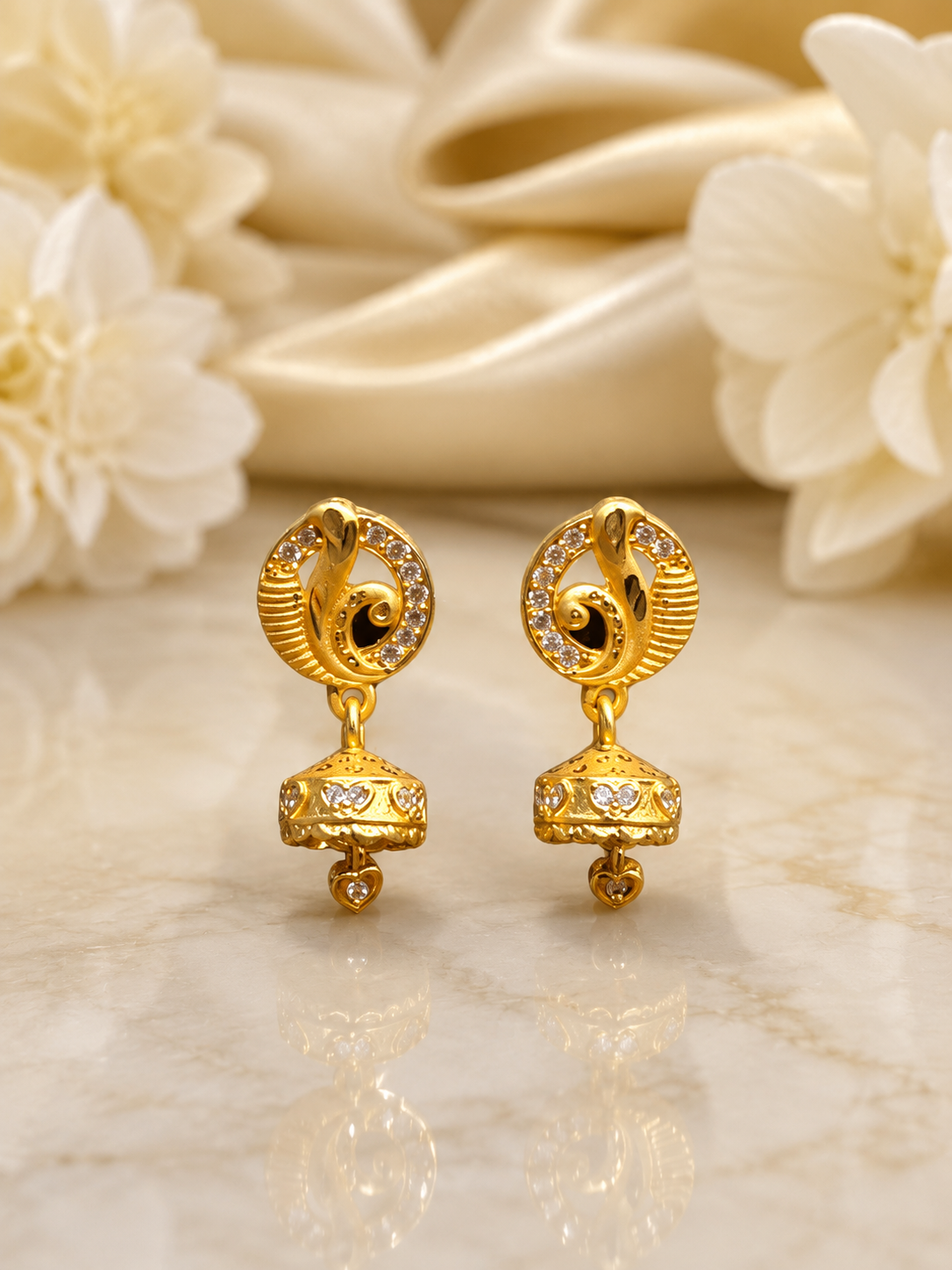 Elegant Gold-Plated Peacock Design Jhumka Earrings with White Stones for Women