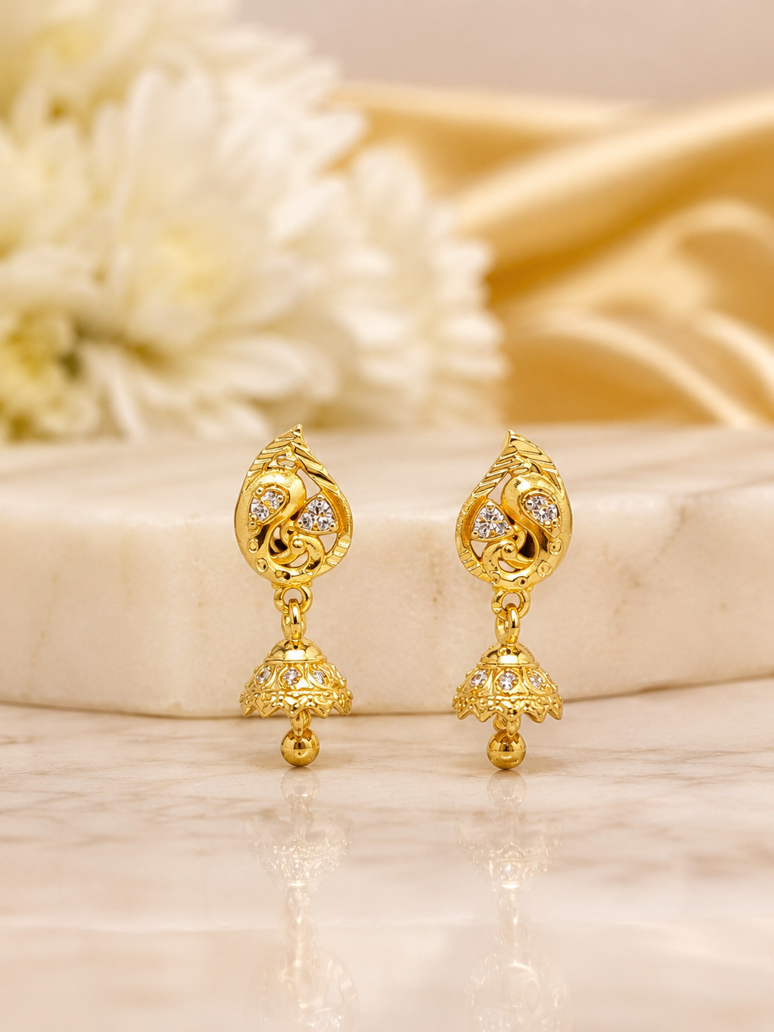 Golden Peacock Leaf Drop Jhumka Earrings with Sparkling Stone Work