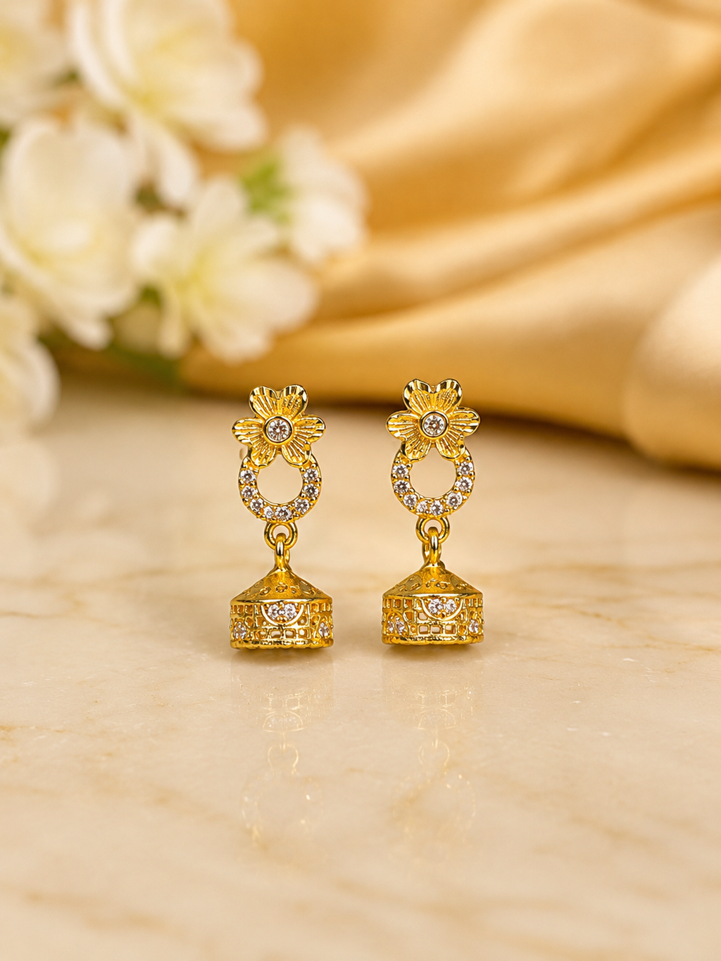 Gold-Plated Floral Hoop AD Stone Jhumka Earrings for Women
