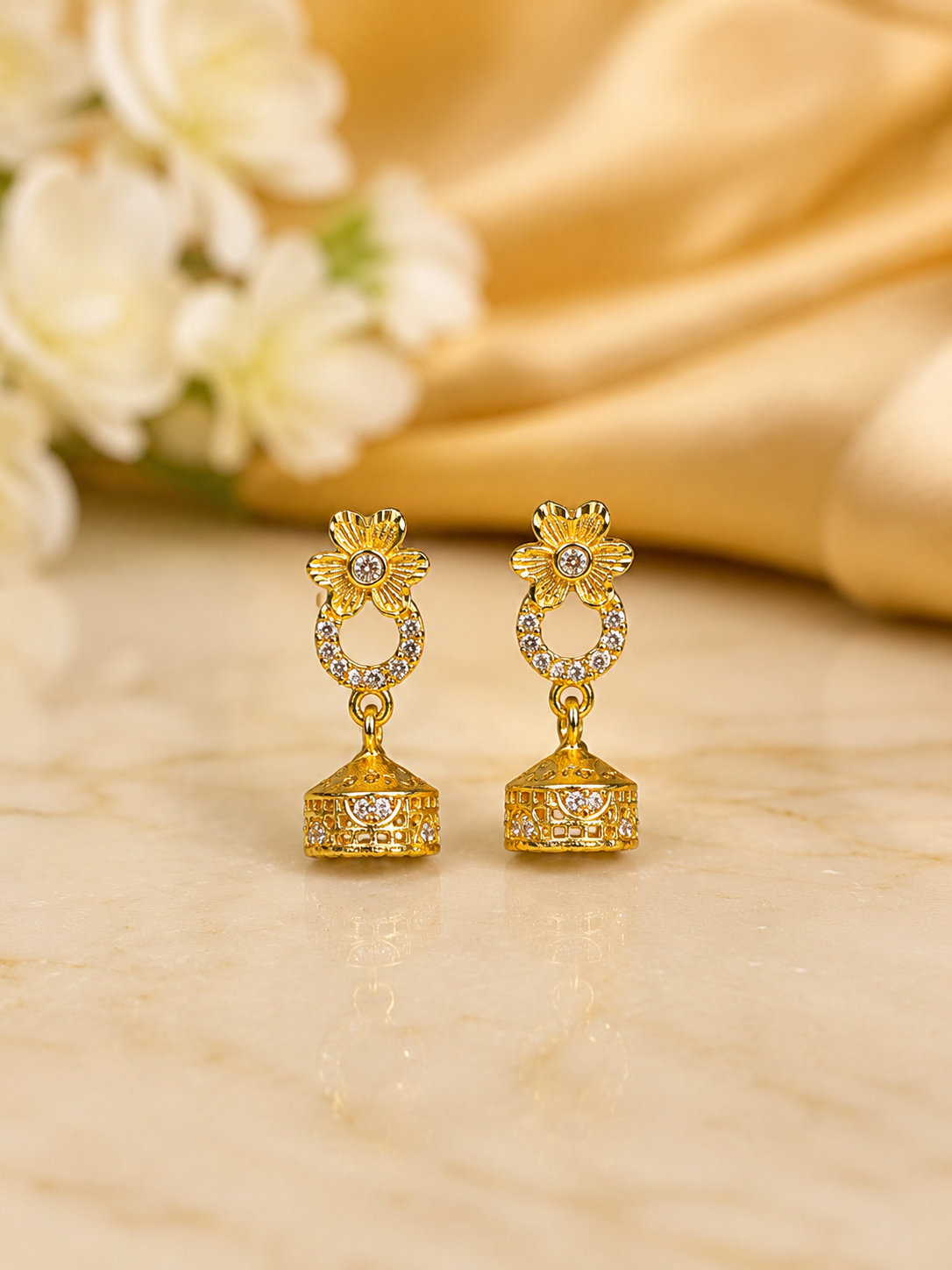 Gold-Plated Floral Hoop AD Stone Jhumka Earrings for Women