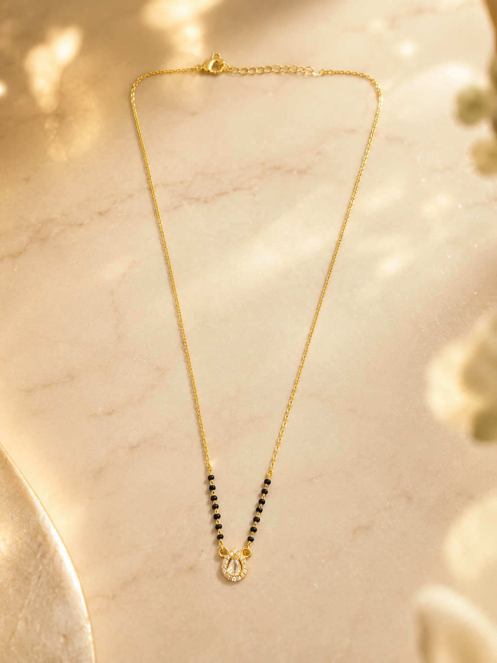 Elegant Gold-Plated CZ Teardrop Halo Mangalsutra for Women | Minimal Black Bead Chain | Traditional Daily Wear Necklace