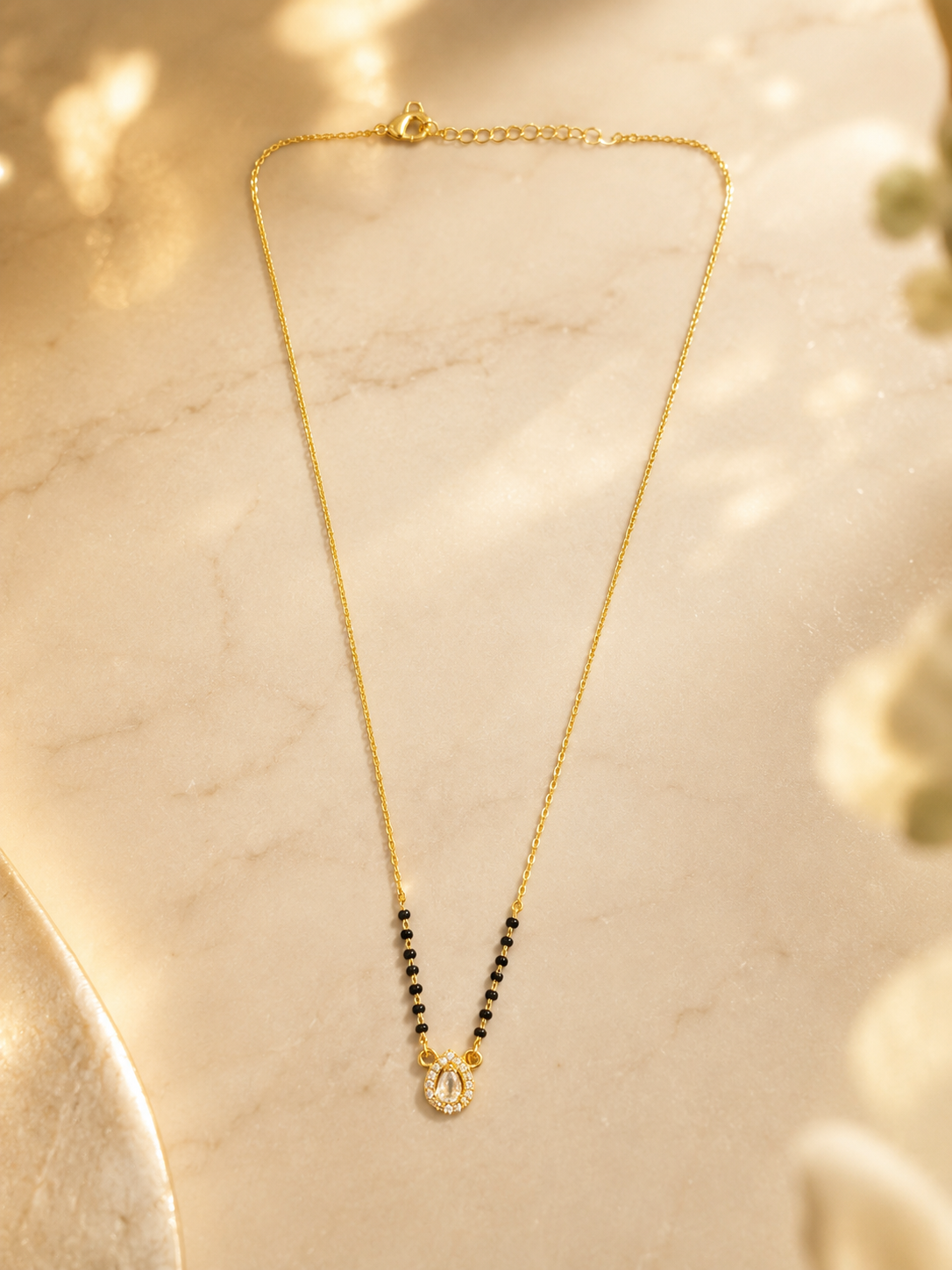 Elegant Gold-Plated CZ Teardrop Halo Mangalsutra for Women | Minimal Black Bead Chain | Traditional Daily Wear Necklace