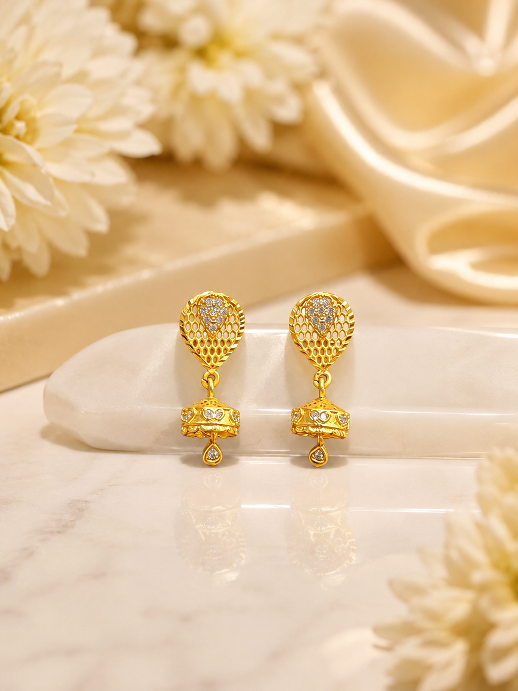 Gold-Plated Teardrop Mesh AD Stone Mini Jhumka Earrings for Women