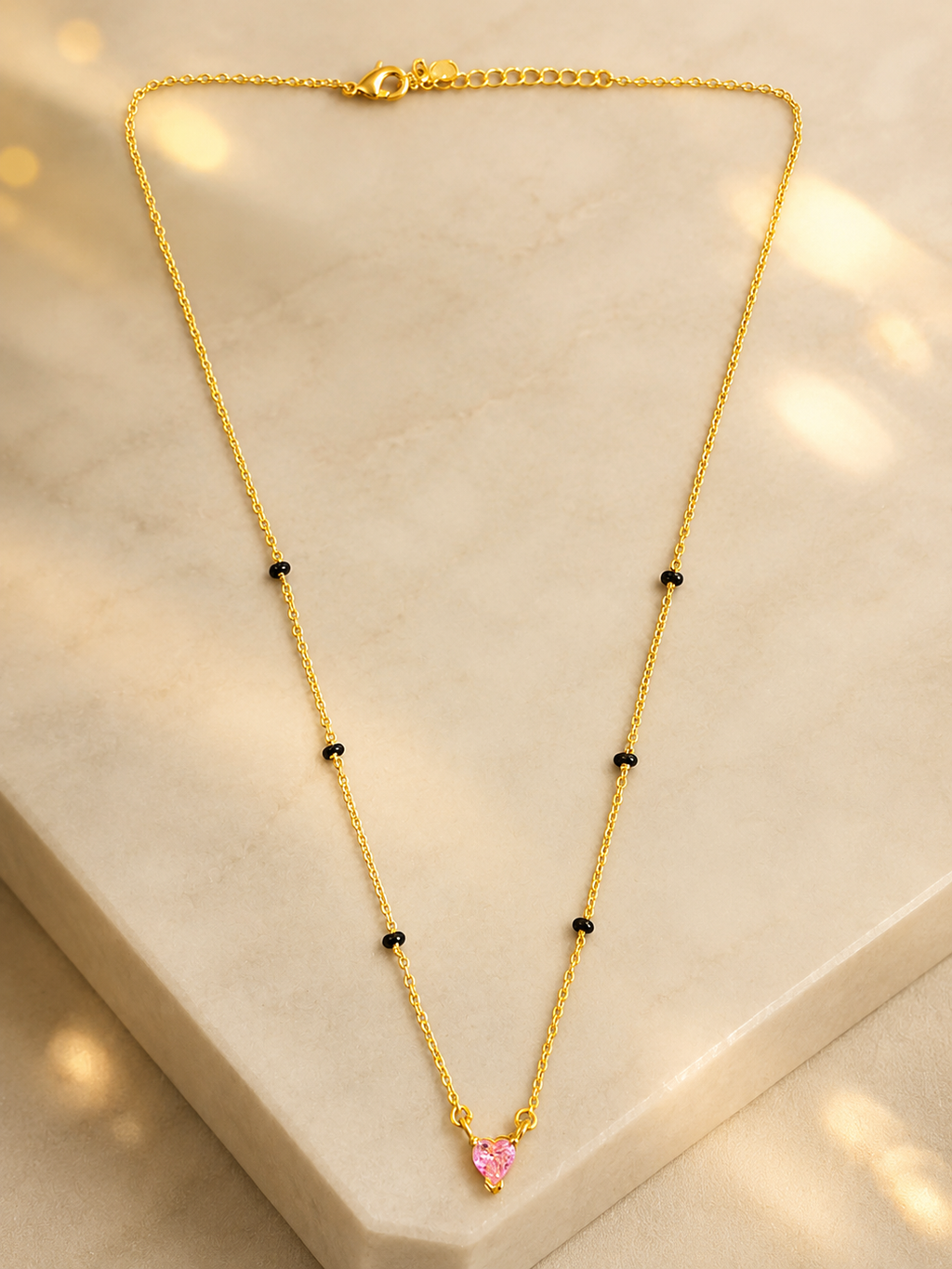 Gold-Tone Black Bead Pink Heart Pendant Mangalsutra Necklace for Women