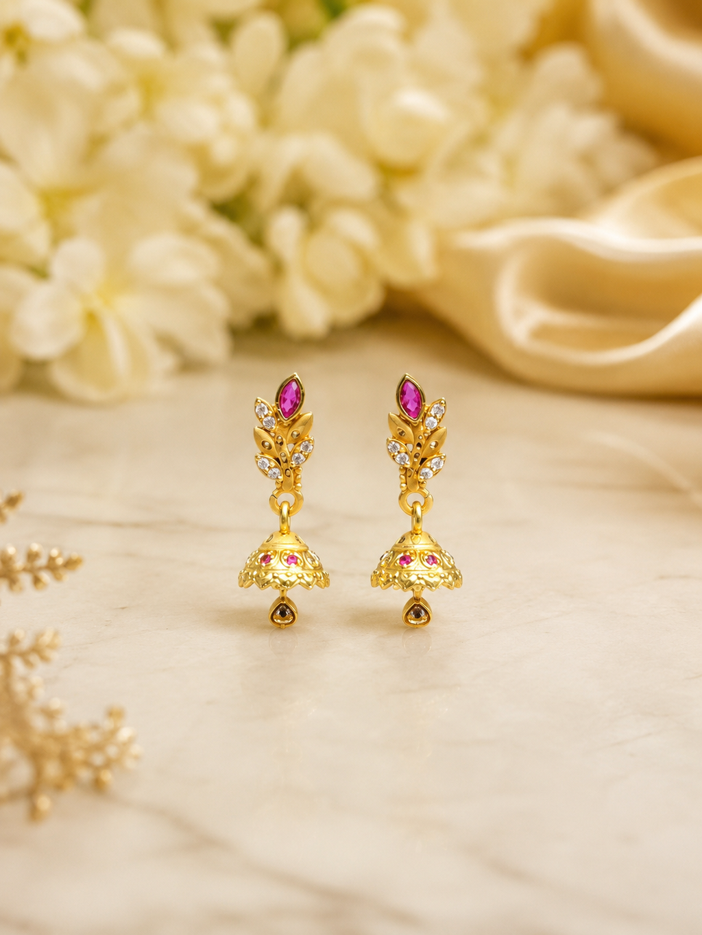 Ruby Blossom Gold-Tone Mini Jhumka Earrings