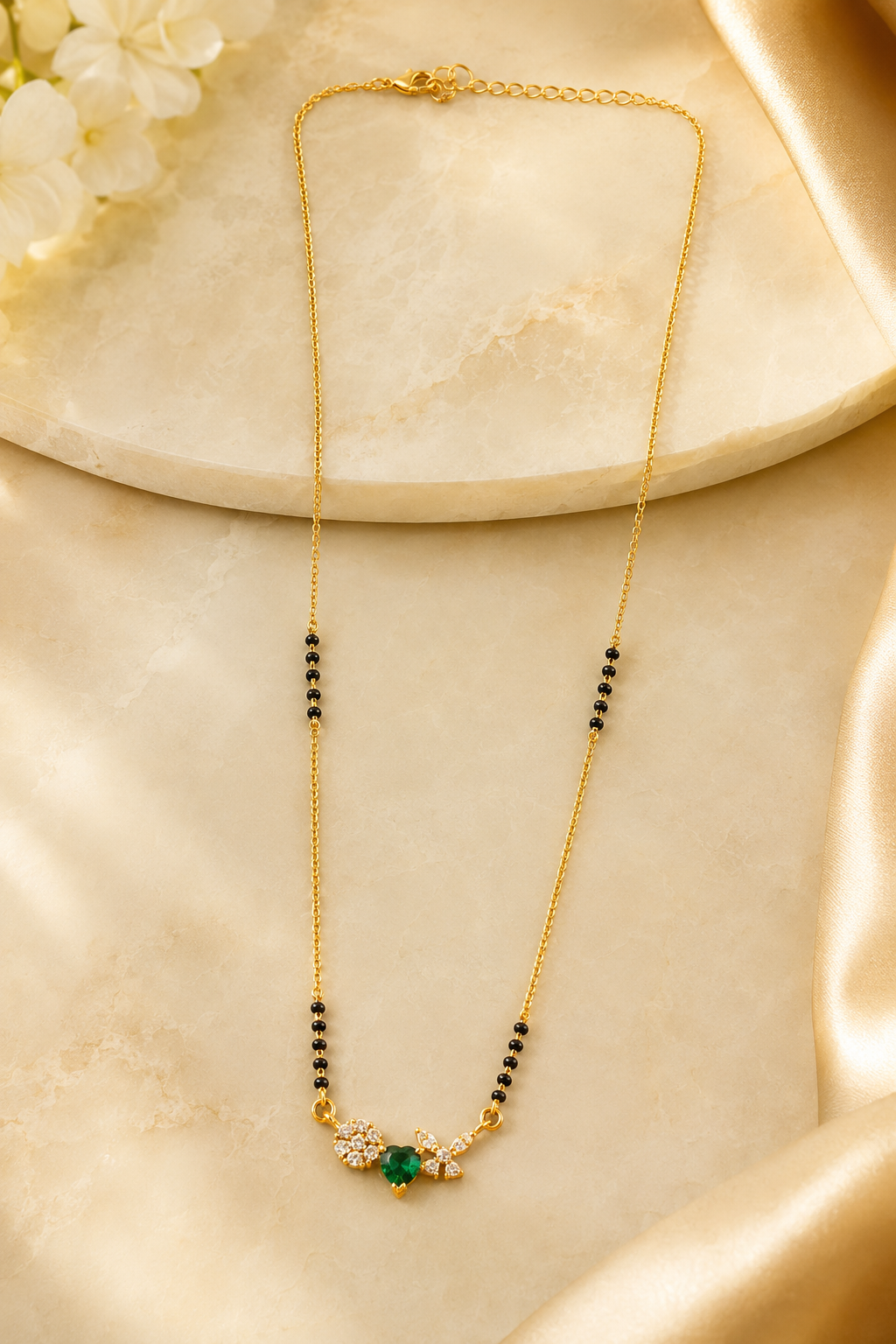 Gold-Plated Green Heart CZ Mangalsutra for Women | Floral & Butterfly Pendant Black Bead Chain Necklace | Elegant Daily Wear Jewellery