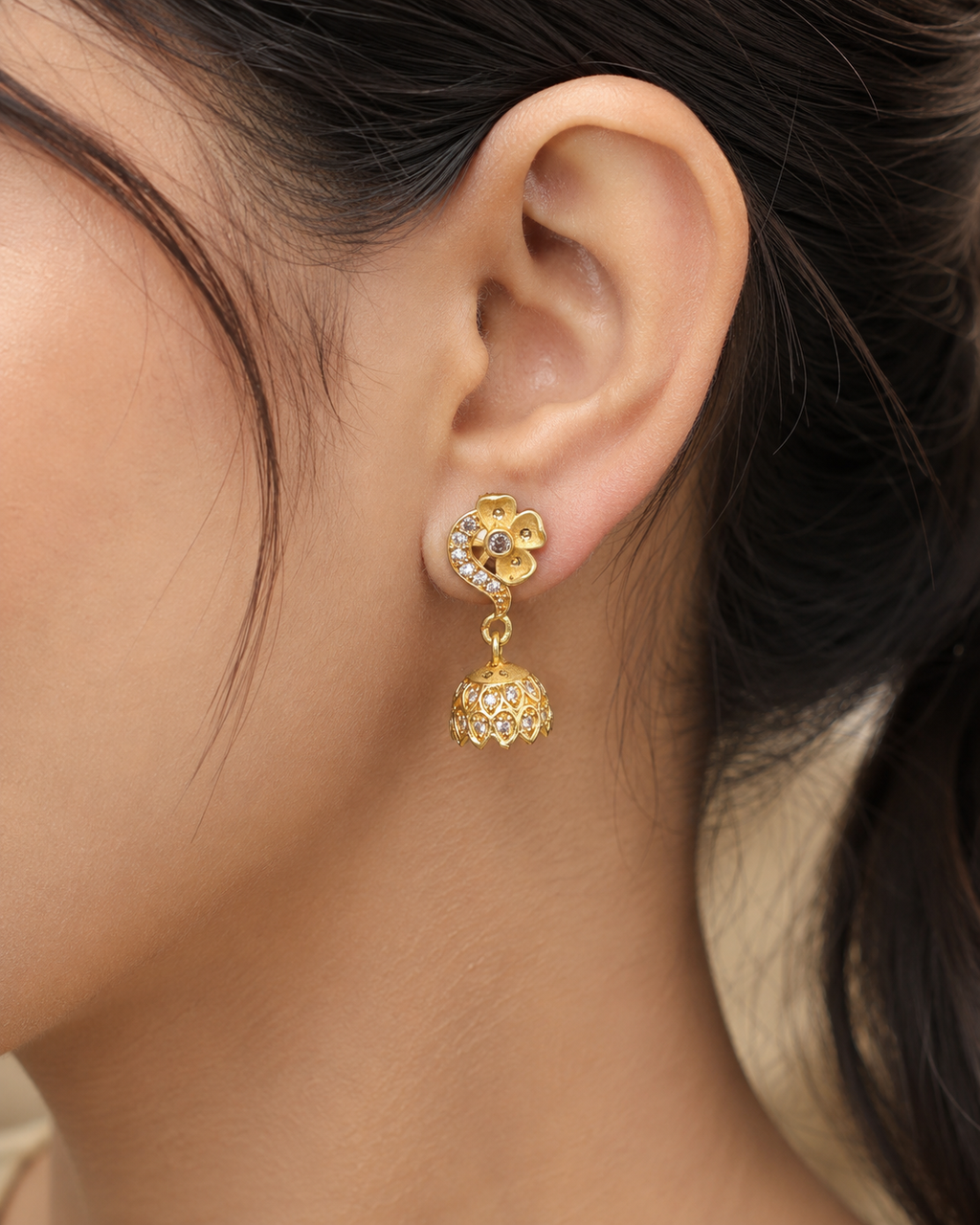 Elegant Gold-Plated Floral CZ Jhumka Earrings for Women