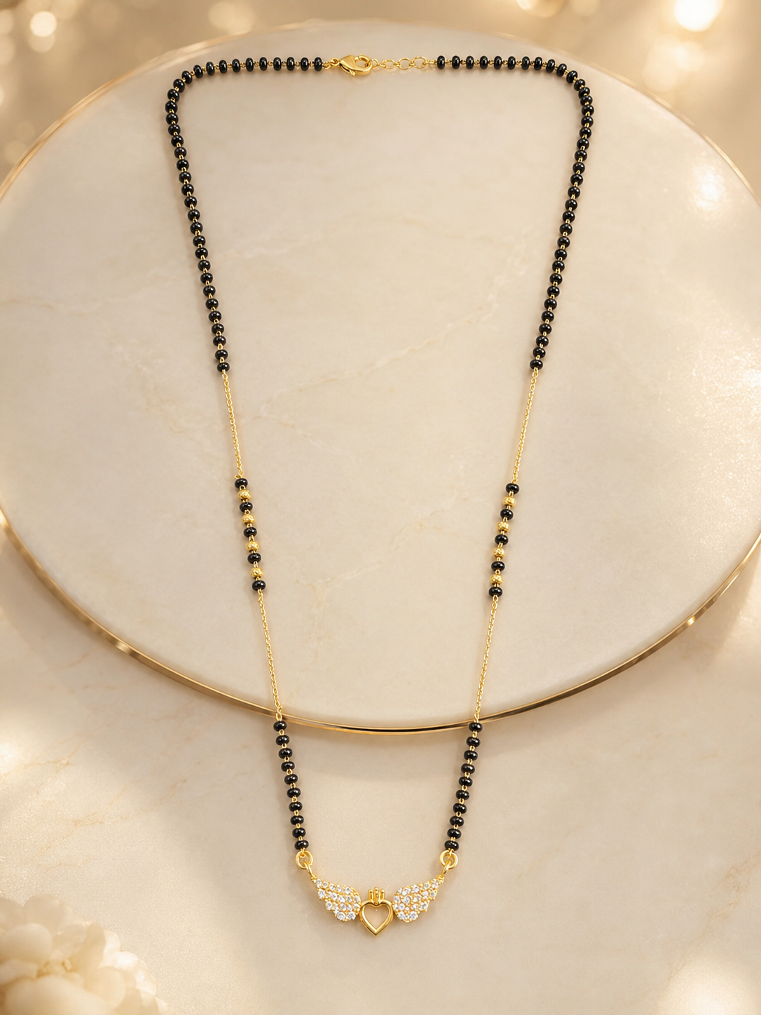 Elegant Gold-Plated CZ Angel Wing Heart Mangalsutra for Women | Minimal Black Bead Chain Necklace | Traditional Daily Wear Jewellery