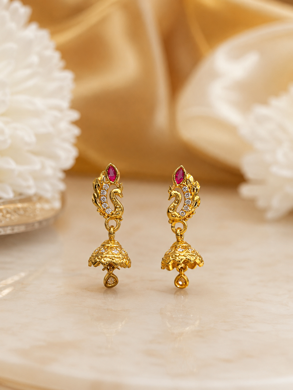 Royal Peacock Ruby Stone Gold-Plated Jhumka Earrings