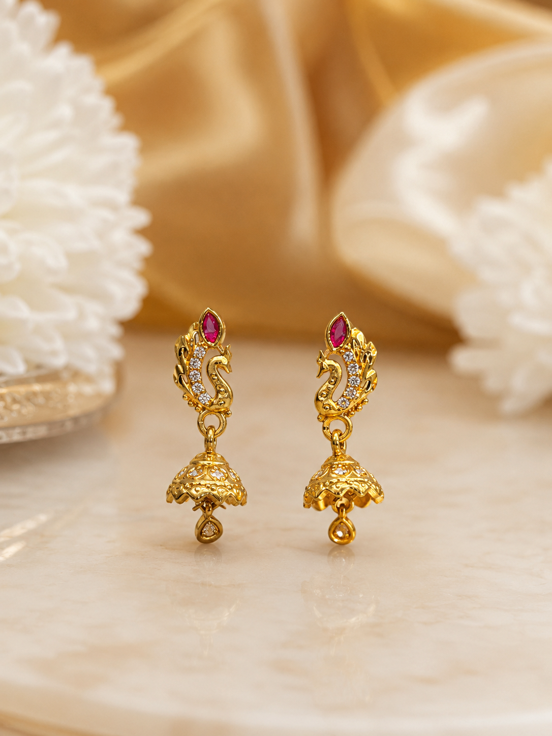 Royal Peacock Ruby Stone Gold-Plated Jhumka Earrings
