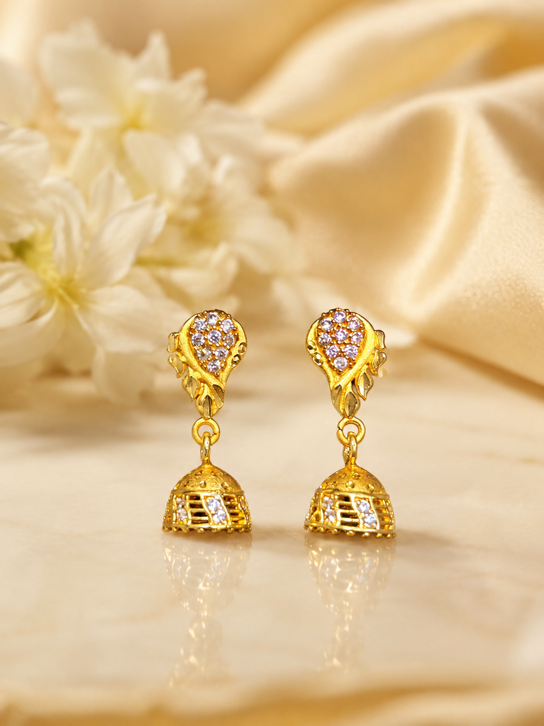Gold-Plated Floral AD Stone Drop Jhumka Earrings for Women