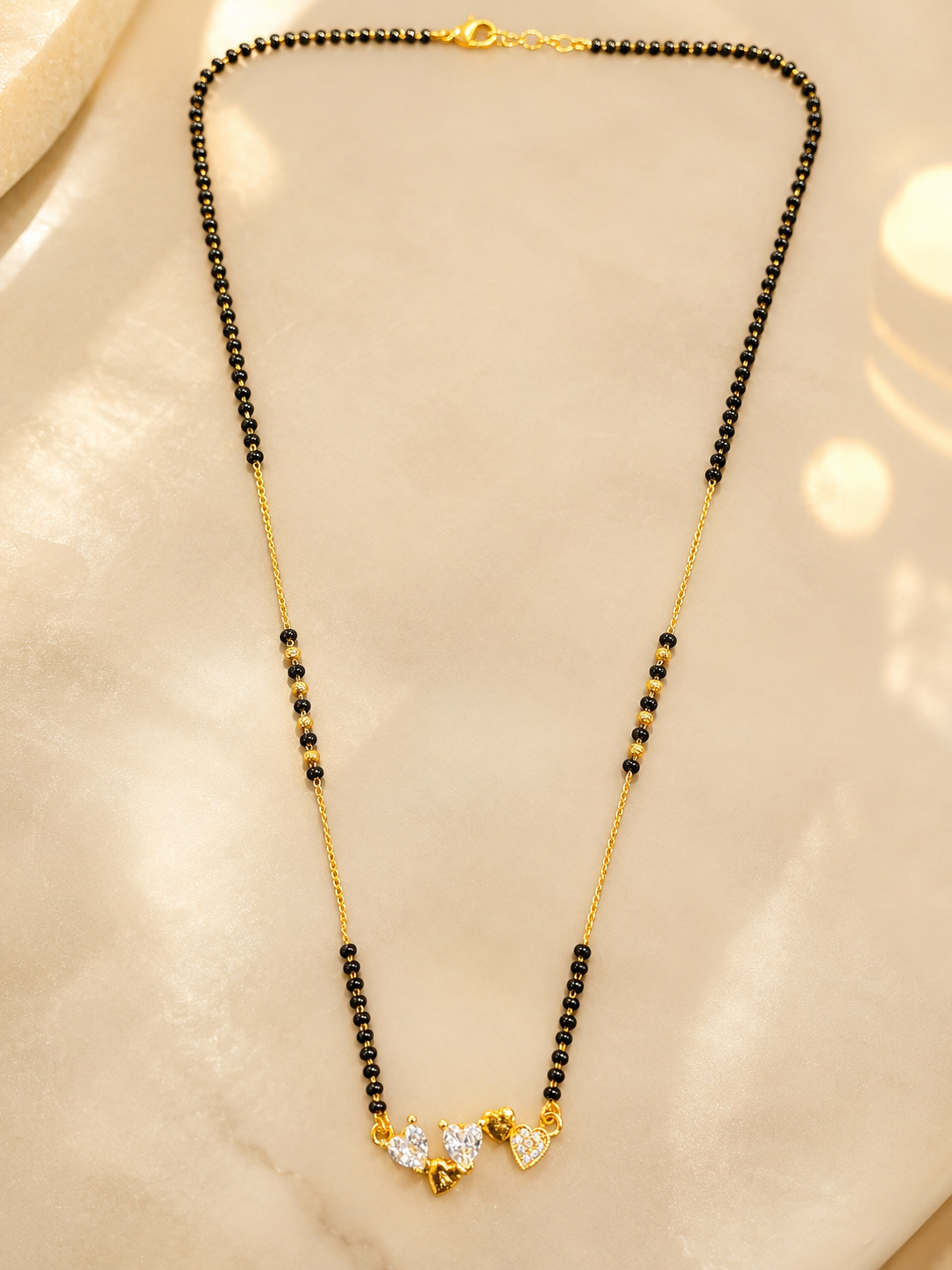 Elegant Gold-Plated Triple Heart CZ Mangalsutra for Women | Minimal Black Bead Chain Necklace | Traditional Daily Wear Jewellery