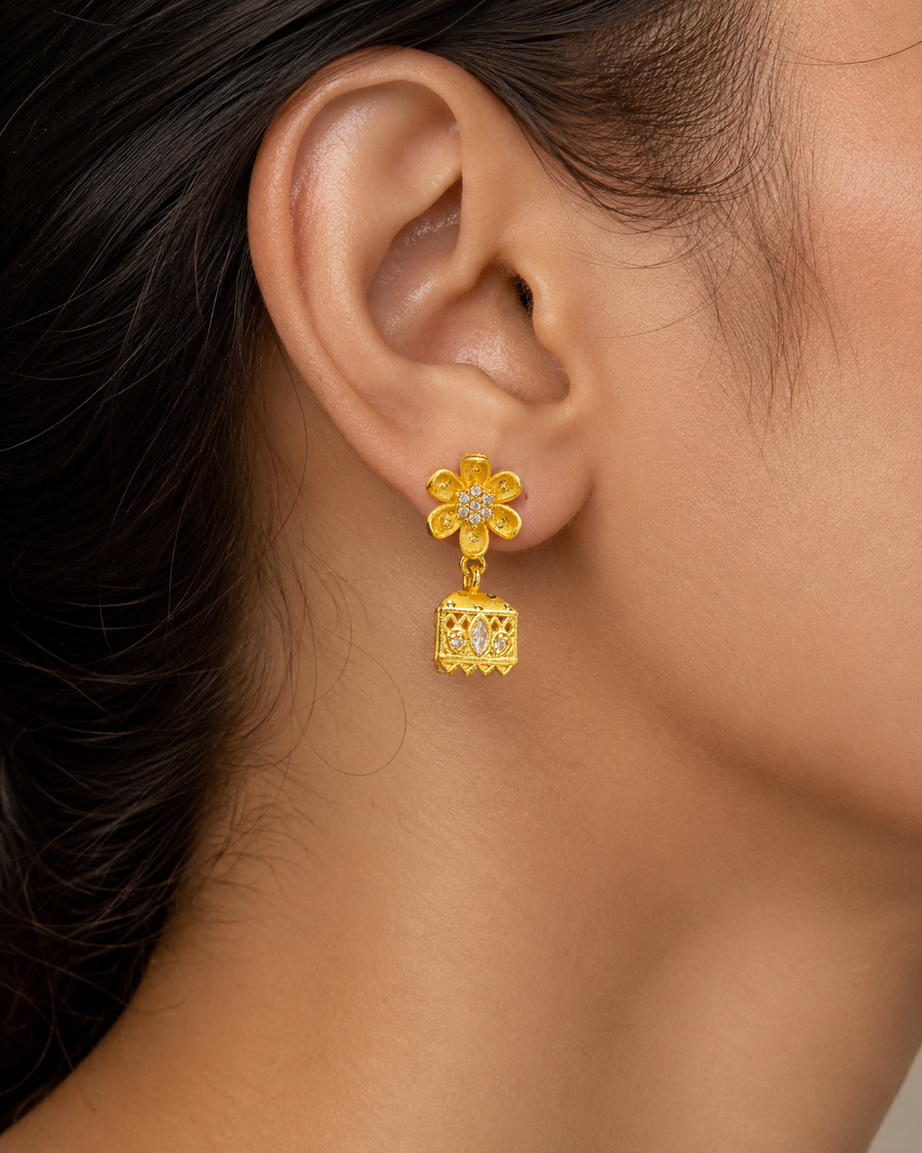 Gold-Tone Daisy Floral Square Jhumka Earrings for Women
