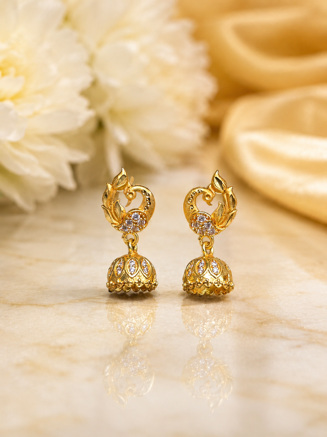 Golden Peacock Floral Jhumka Earrings with Sparkling Stones