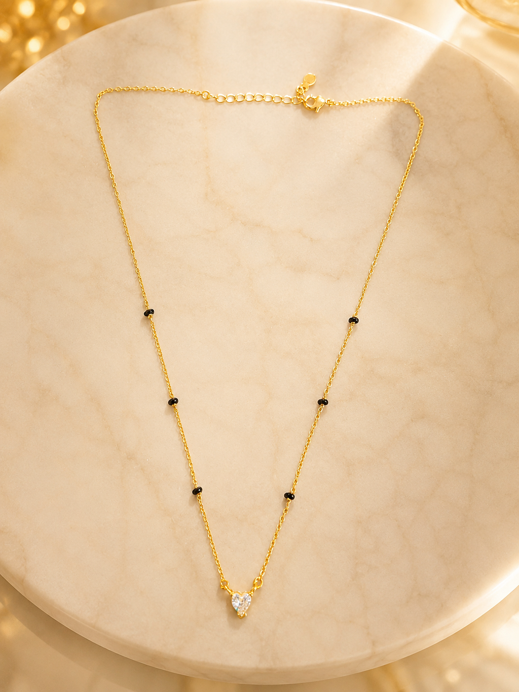 Gold-Tone Black Bead White Heart Pendant Mangalsutra Necklace for Women