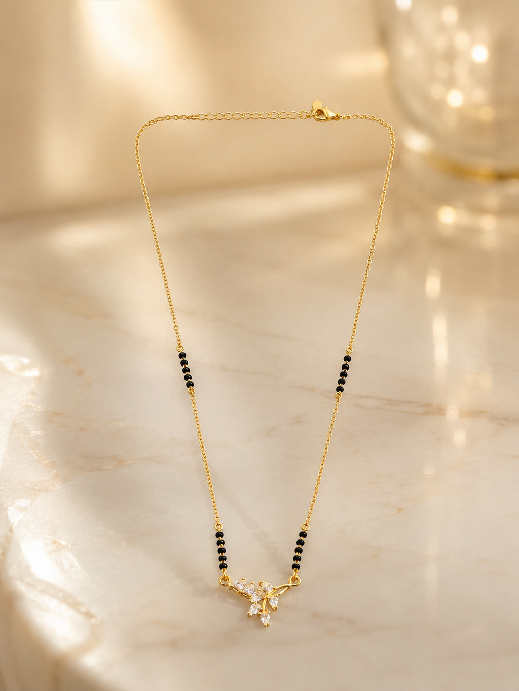 Elegant Gold-Plated Floral CZ Mangalsutra Necklace for Women | Minimalist Black Bead Chain | Traditional & Daily Wear Jewellery