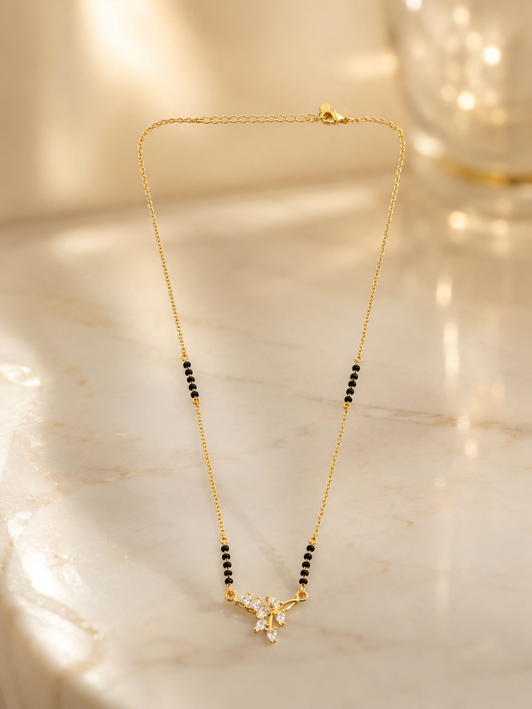 Elegant Gold-Plated Floral CZ Mangalsutra Necklace for Women | Minimalist Black Bead Chain | Traditional & Daily Wear Jewellery