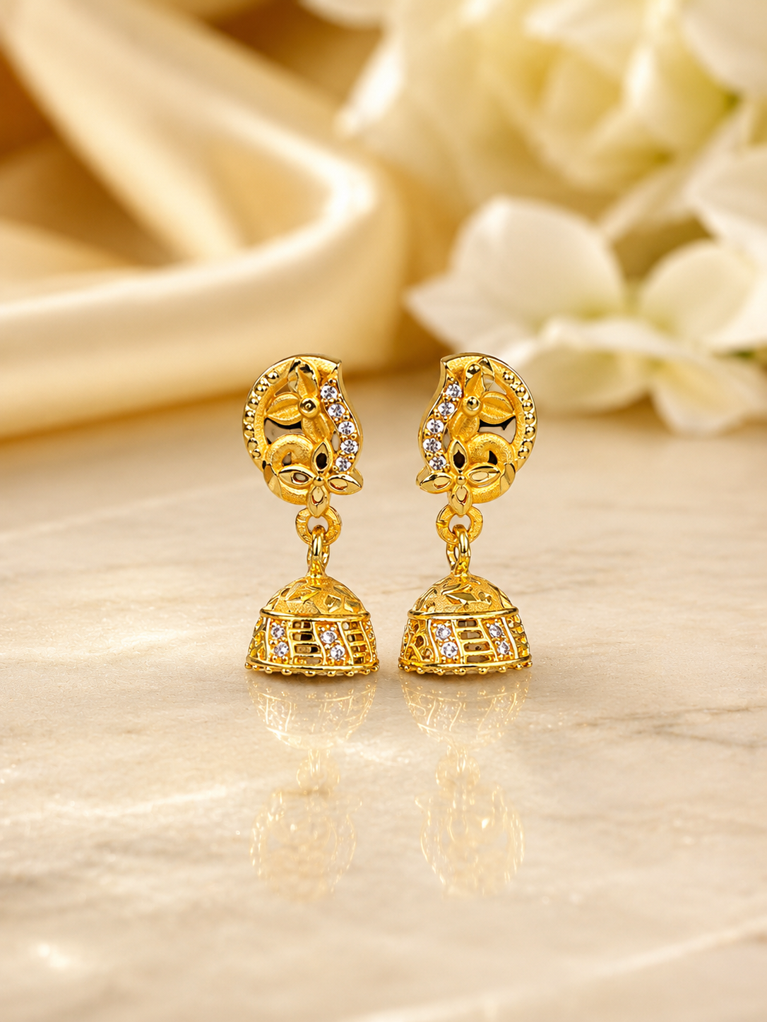 Peacock Floral Gold-Plated Jhumka Earrings with Crystal Stone Detailing