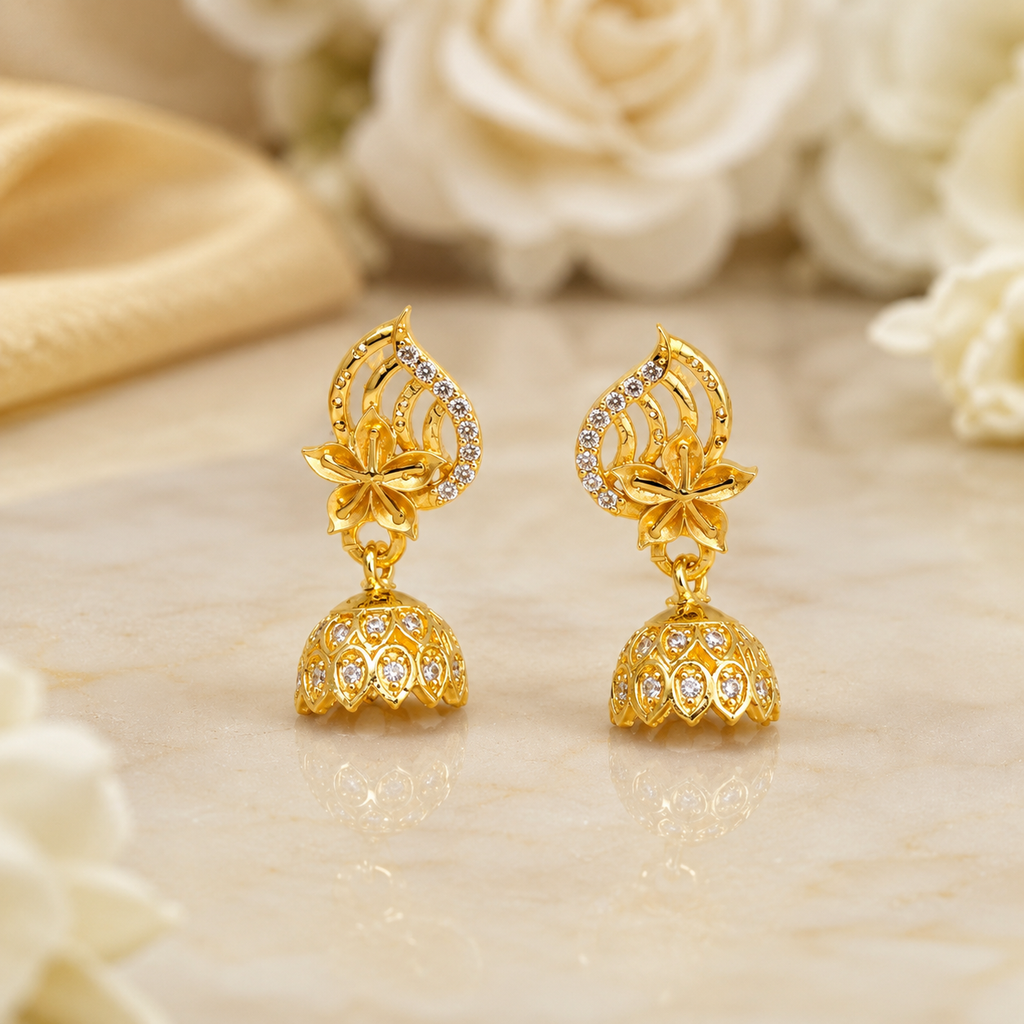 Golden Floral Leaf Design CZ Jhumka Earrings for Women