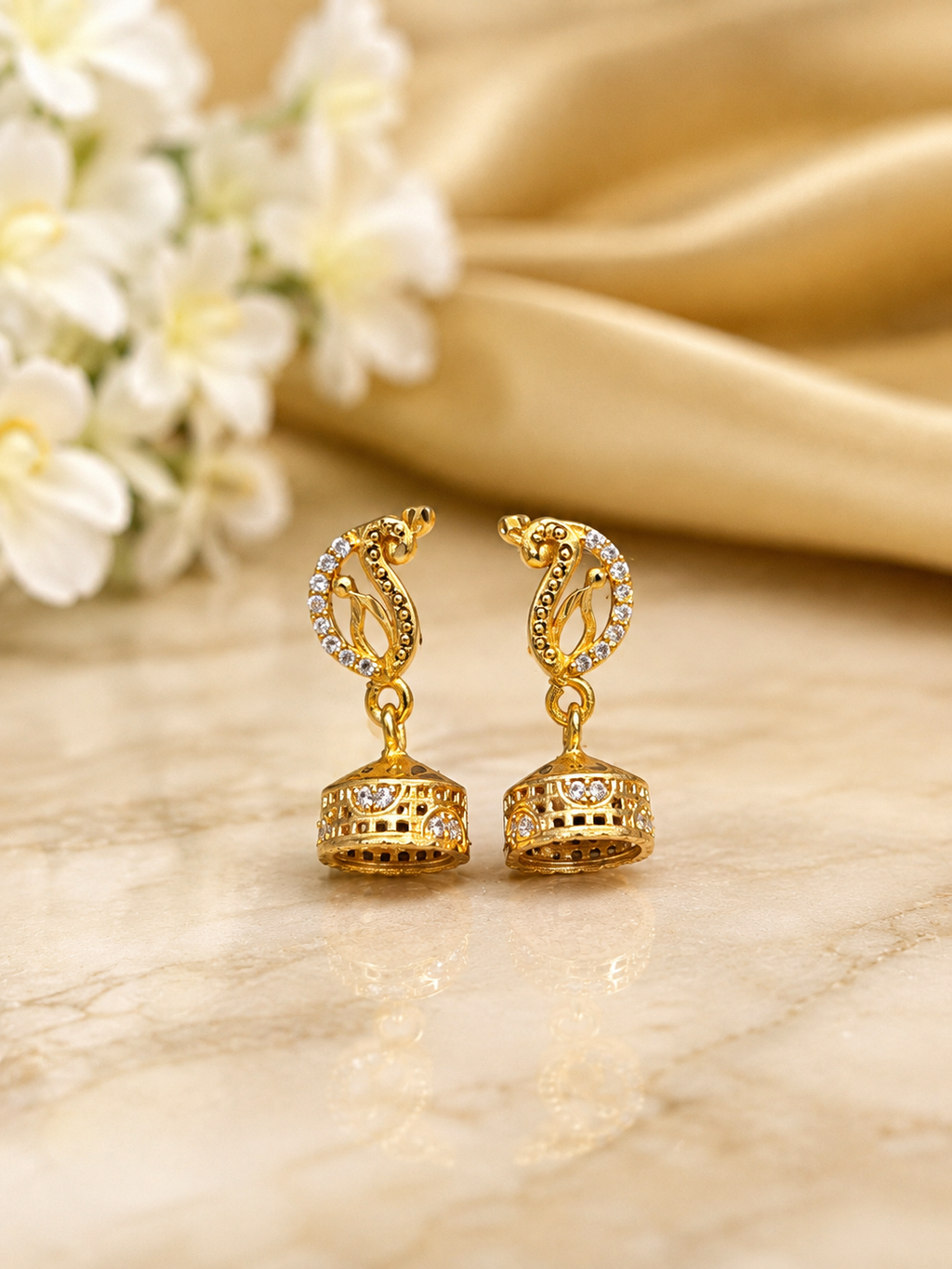 Peacock Grace Crystal Gold-Tone Bell Jhumka Earrings
