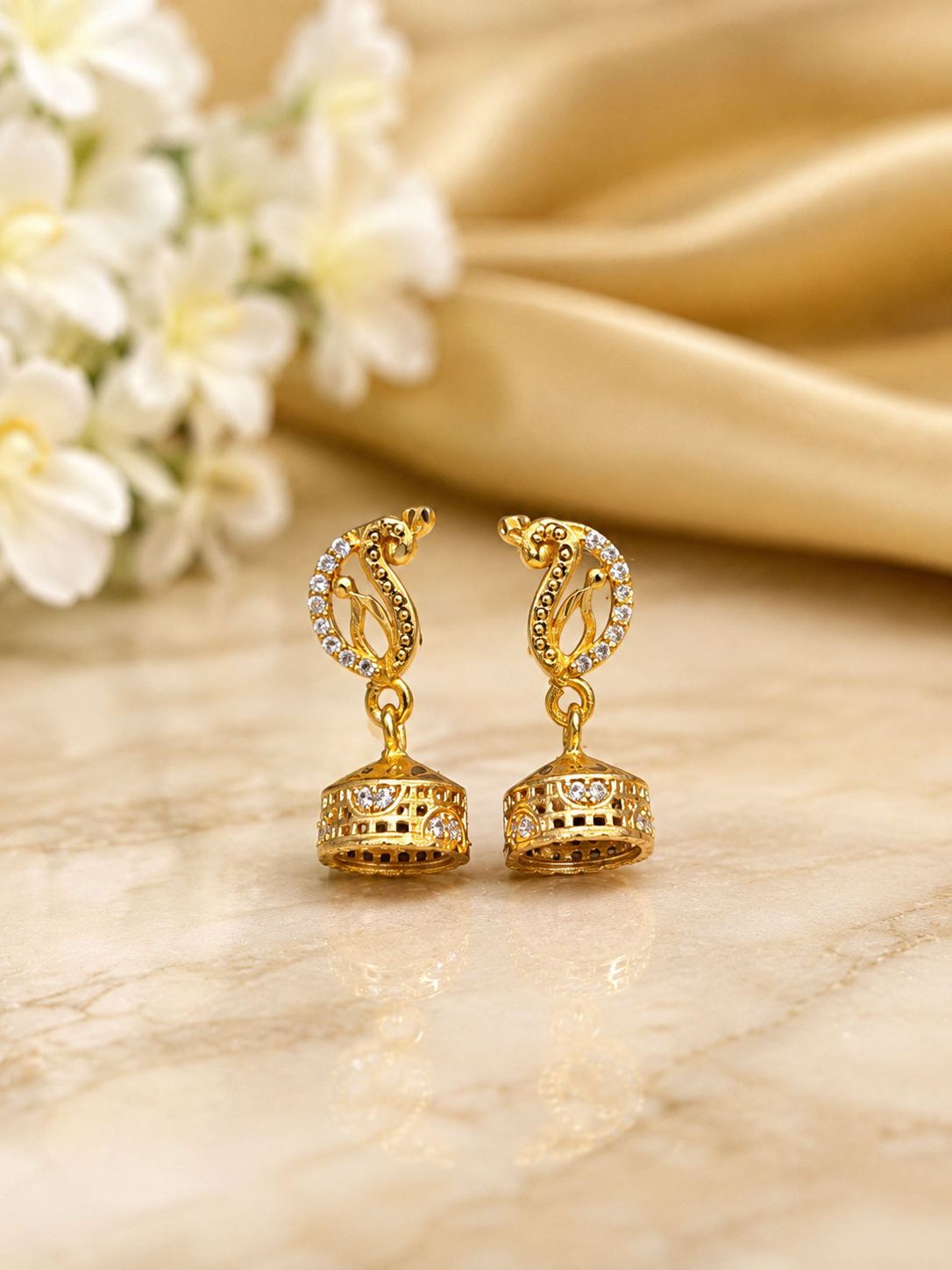 Peacock Grace Crystal Gold-Tone Bell Jhumka Earrings
