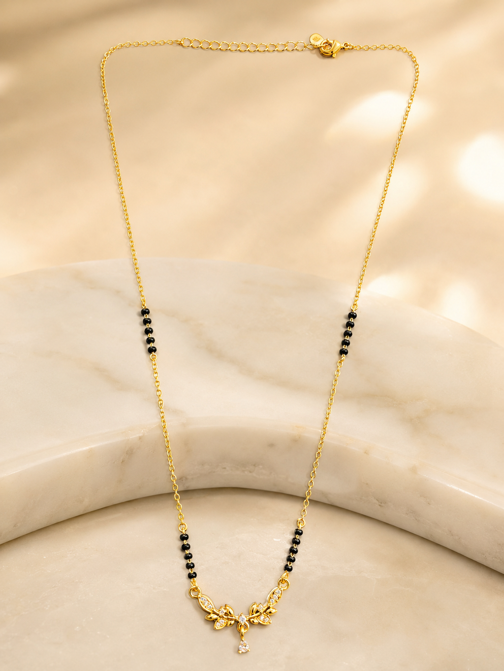 Elegant Gold-Plated CZ Leaf Vine Mangalsutra for Women | Minimal Black Bead Chain | Traditional & Daily Wear Necklace