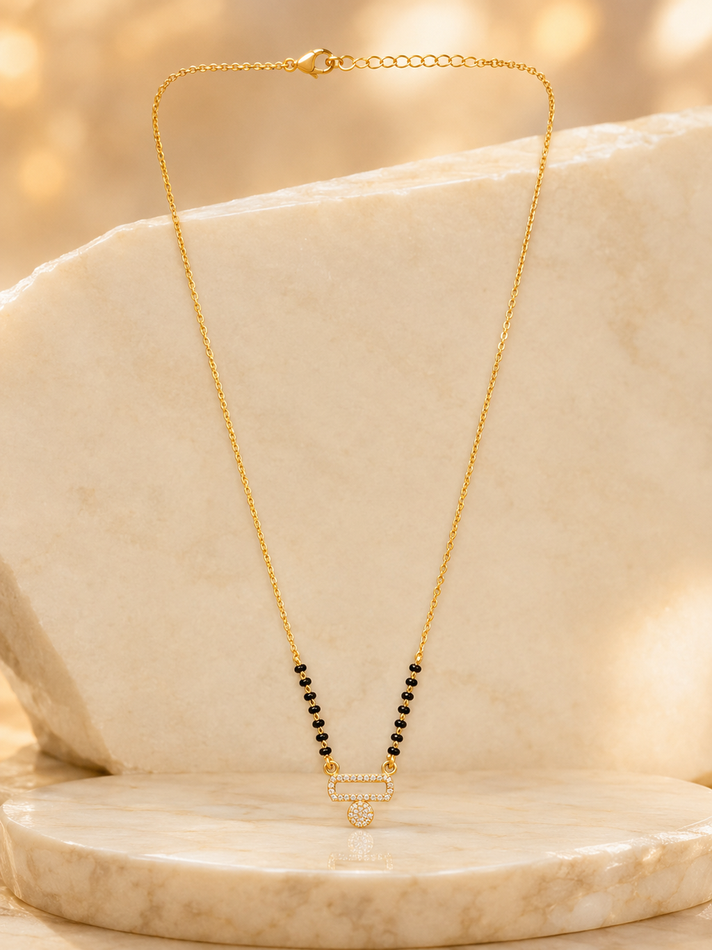 Elegant Gold-Plated CZ Geometric Drop Mangalsutra for Women | Minimal Black Bead Chain Necklace | Traditional Daily Wear Jewellery