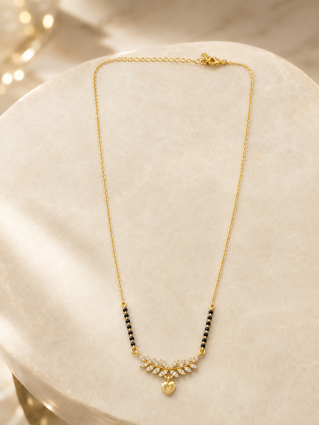 Elegant Gold-Plated CZ Leaf Heart Mangalsutra for Women | Minimal Black Bead Chain Necklace | Traditional Daily Wear Jewellery