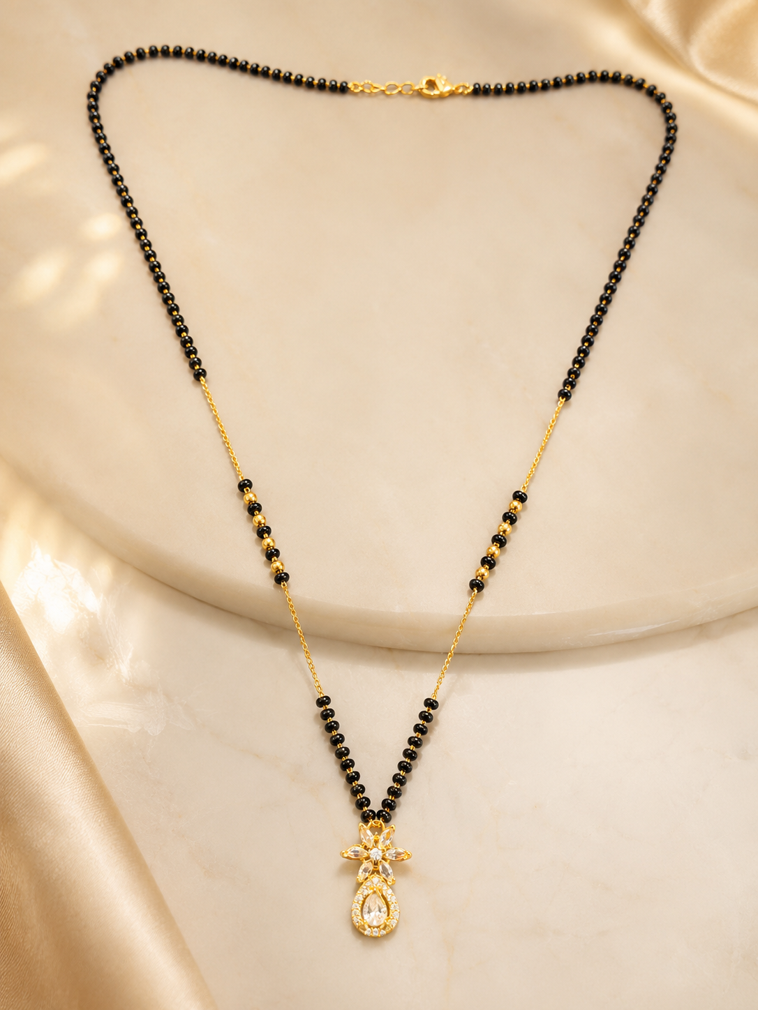 Elegant Gold-Plated CZ Floral Teardrop Mangalsutra for Women | Minimal Black Bead Chain Necklace | Traditional Daily Wear Jewellery