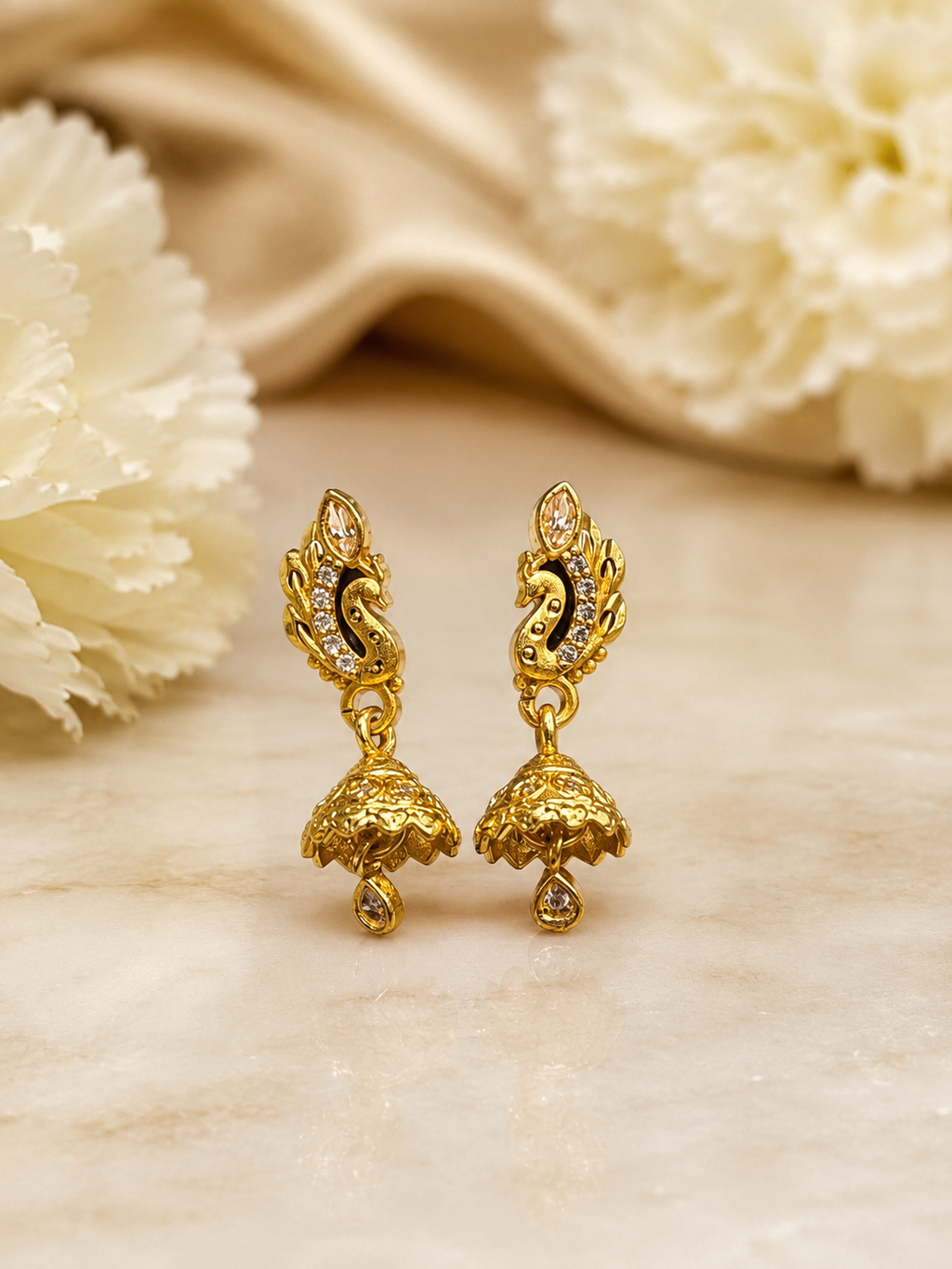 Golden Peacock Jhumka Drop Earrings with Crystal Stones