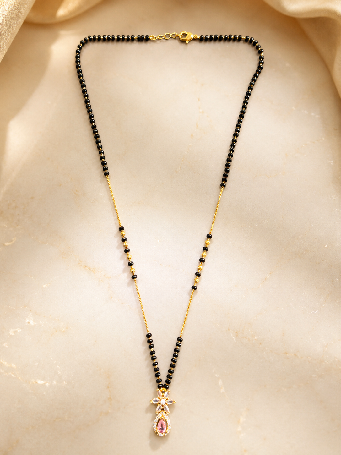 Elegant Gold-Plated Pink CZ Floral Mangalsutra for Women | Black Bead Chain Necklace | Traditional Daily Wear Jewellery