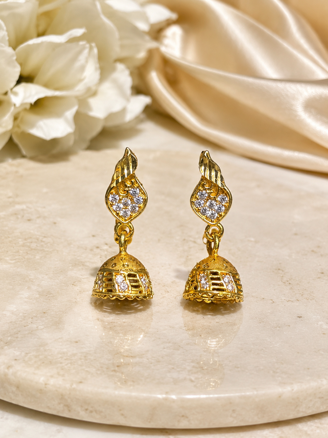 Gold-Plated Leaf Motif AD Stone Jhumka Earrings for Women