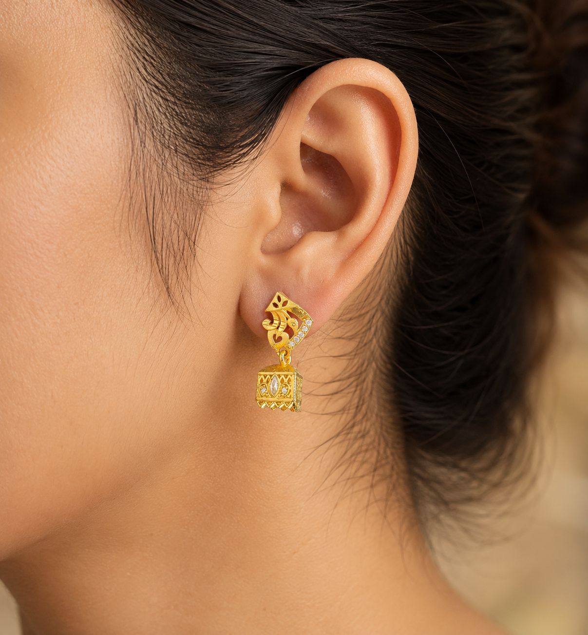 Gold-Tone Stone Studded Geometric Jhumka Earrings for Women