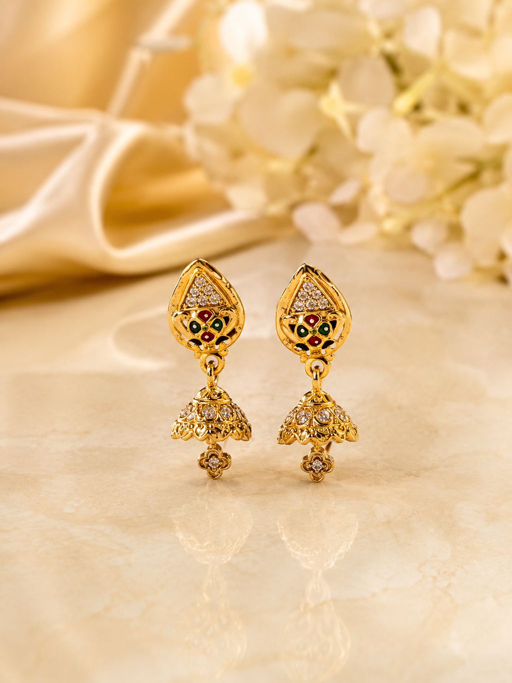 Traditional Gold-Plated Meenakari Floral Jhumka Earrings with Crystal Stones