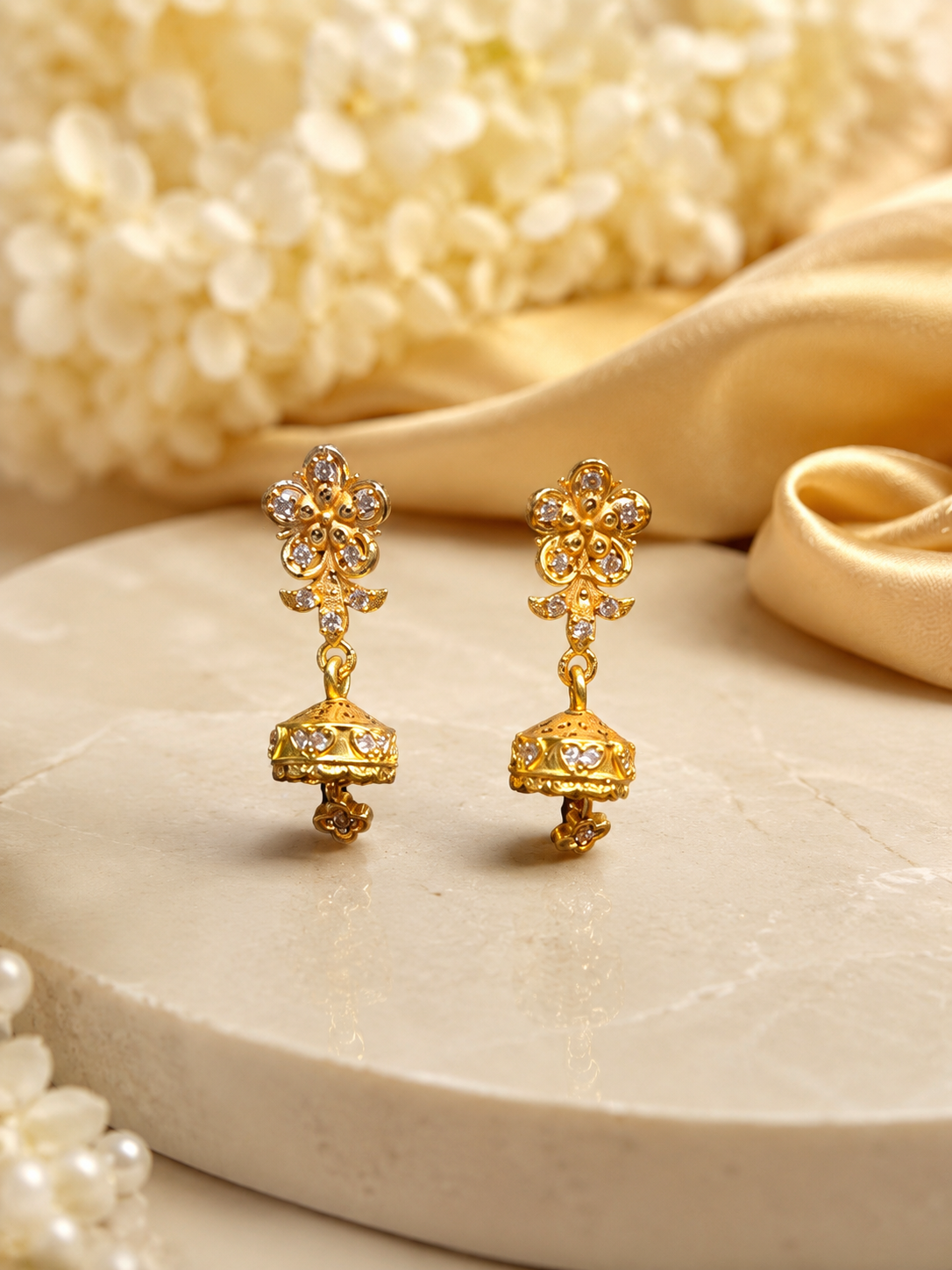 Gold-Plated Floral AD Stone Mini Jhumka Earrings for Women  Product Description